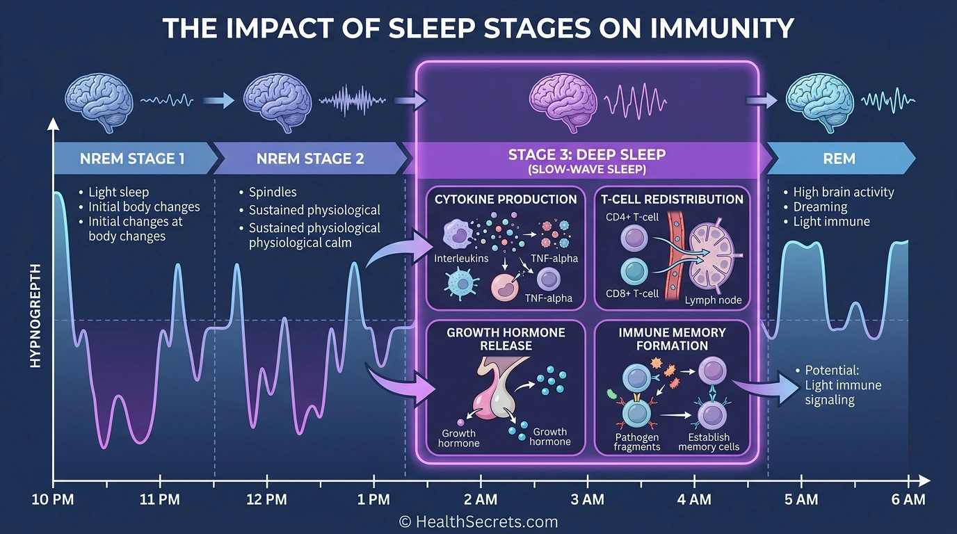 Infographic showing sleep stages and their associated immune system processes throughout the night