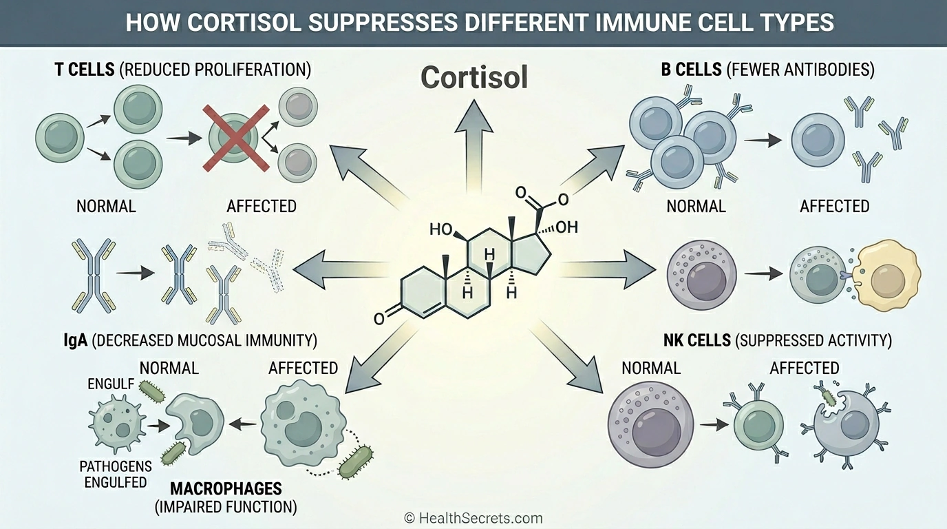 Infographic showing how cortisol suppresses various immune cell types including T cells B cells and NK cells