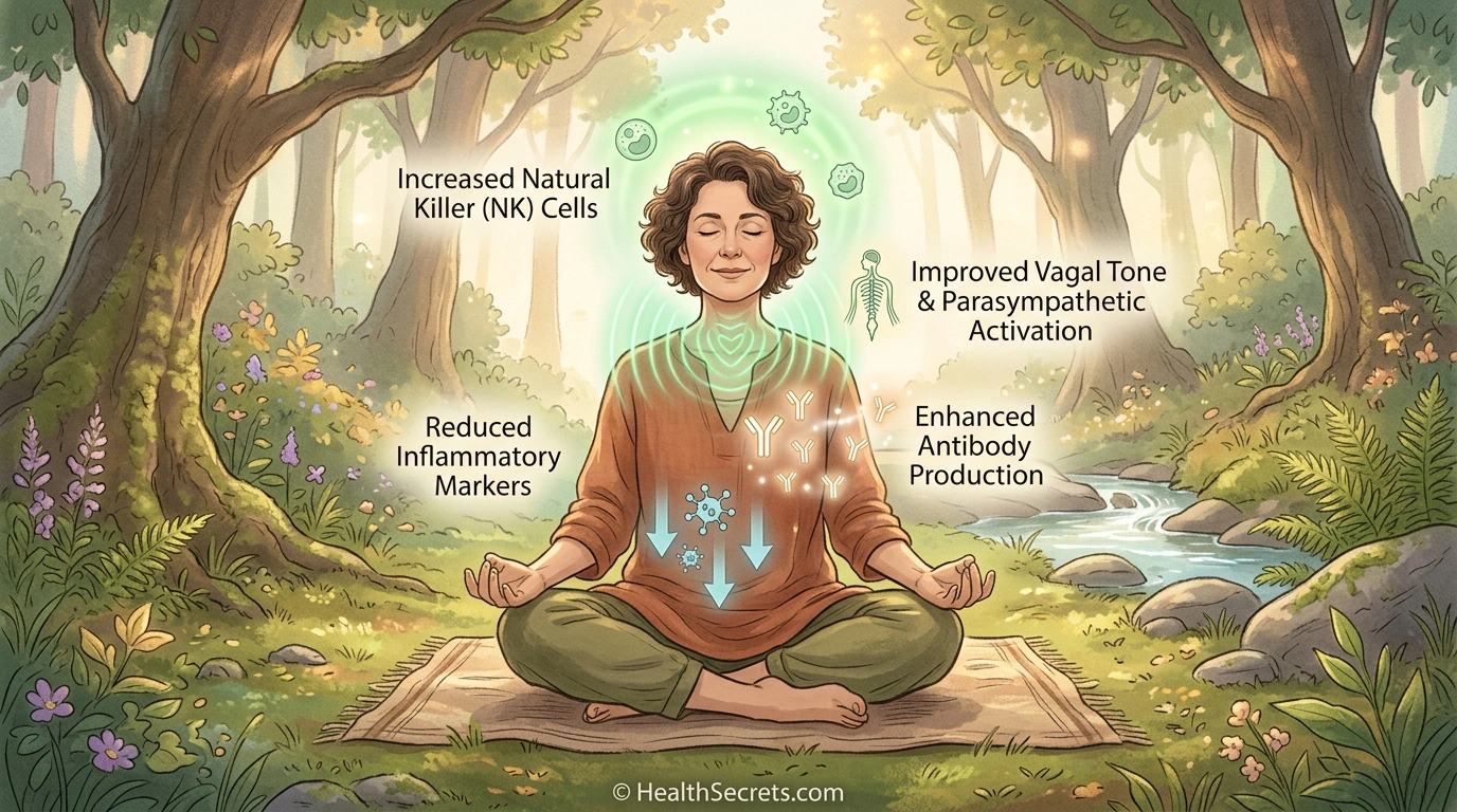 Person meditating with overlay showing immune system benefits including increased NK cells and reduced inflammation