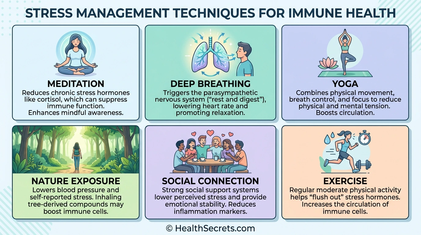 Infographic showing six evidence-based stress management techniques that support immune health