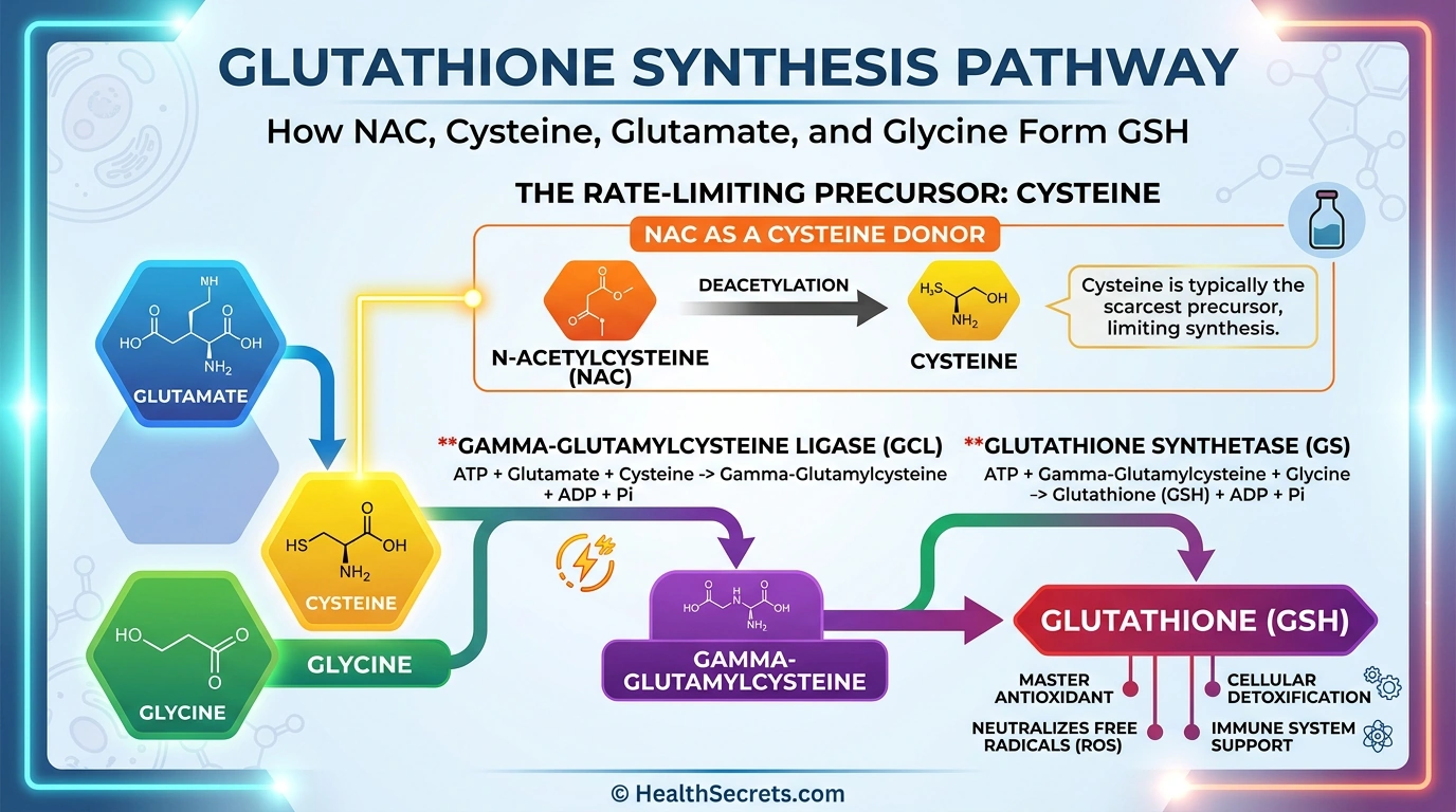 Glutathione synthesis pathway showing how NAC provides cysteine for glutathione production