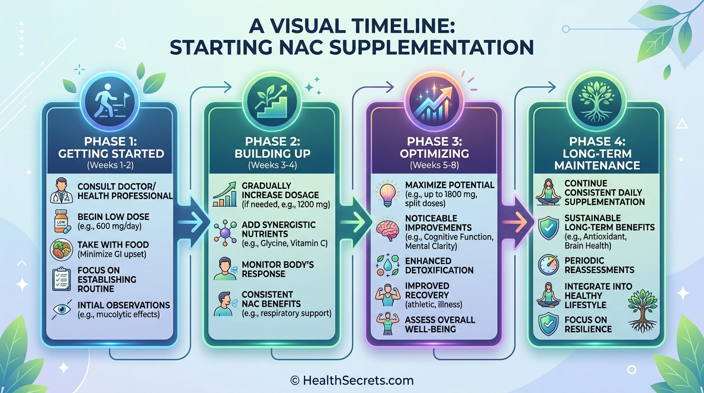 NAC supplementation action plan timeline showing four phases from getting started to long-term maintenance