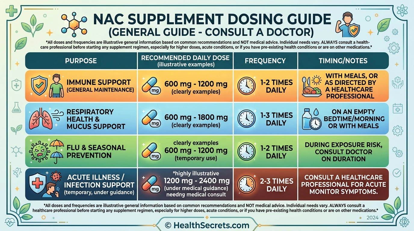 NAC dosing guide chart showing recommended doses for immune support respiratory health and flu prevention