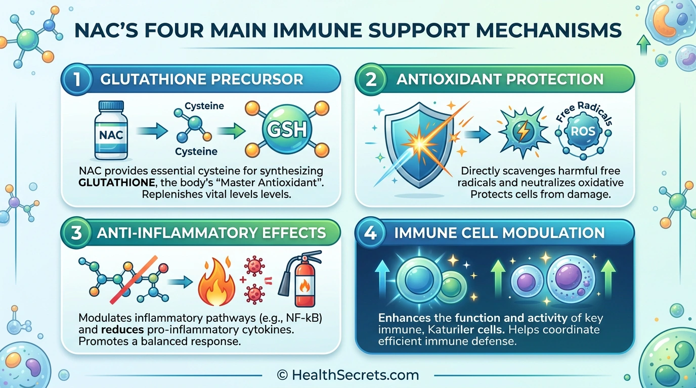 NAC immune support mechanisms including glutathione precursor antioxidant anti-inflammatory and immune modulation
