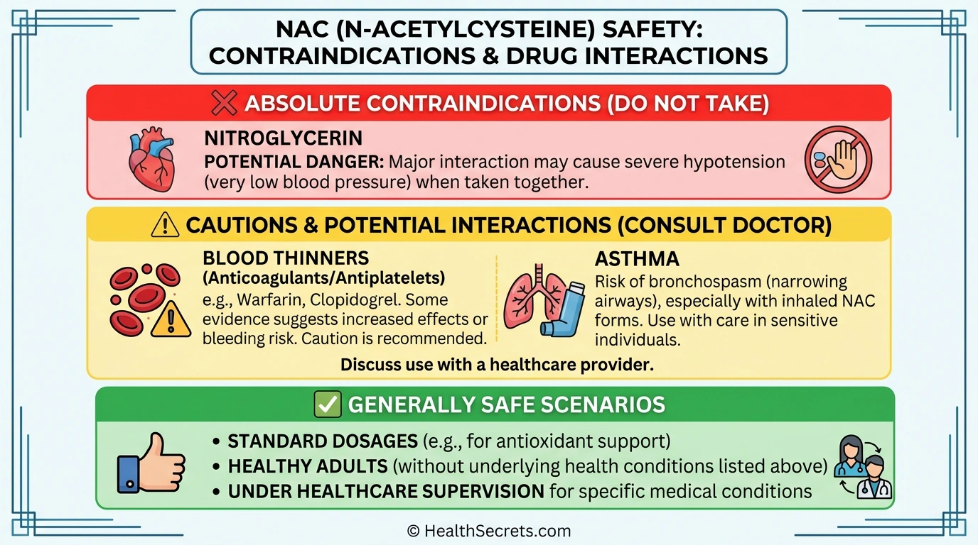 NAC safety guide showing contraindications drug interactions and cautions for safe supplementation