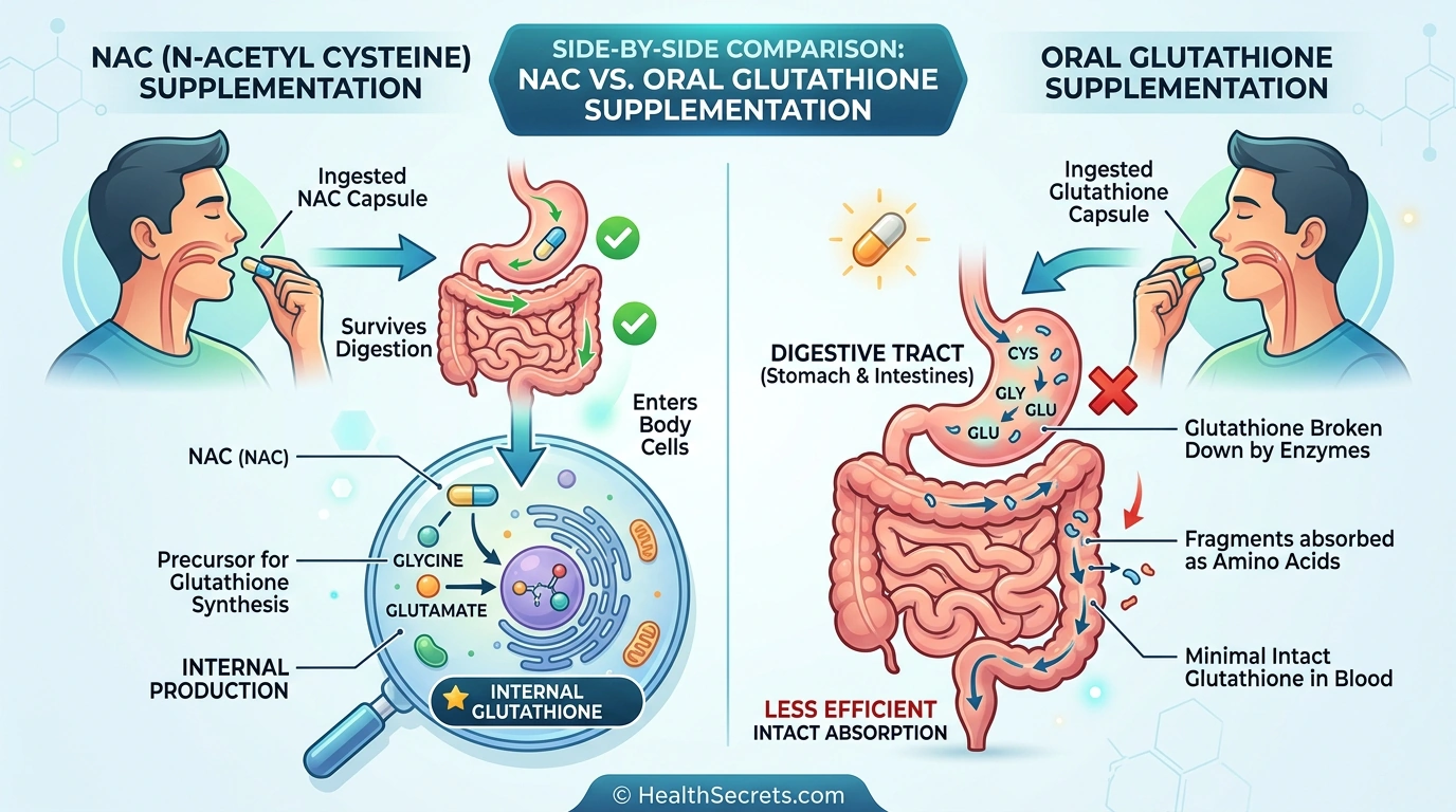 NAC vs oral glutathione supplement comparison showing absorption and effectiveness differences