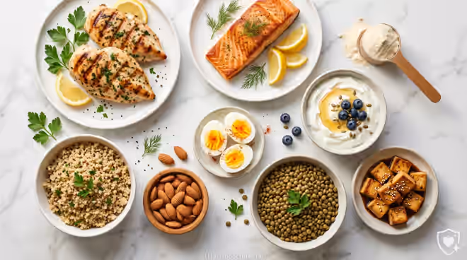 Protein-rich foods that support immune system function including chicken, salmon, eggs, yogurt, lentils, and protein powder