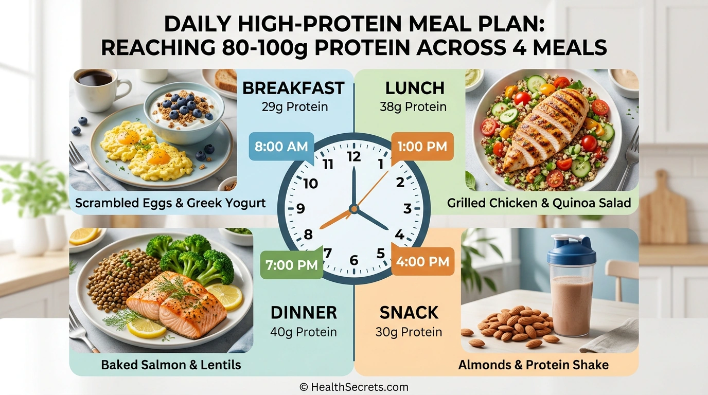Daily meal plan showing how to distribute protein intake across four meals for optimal immune support