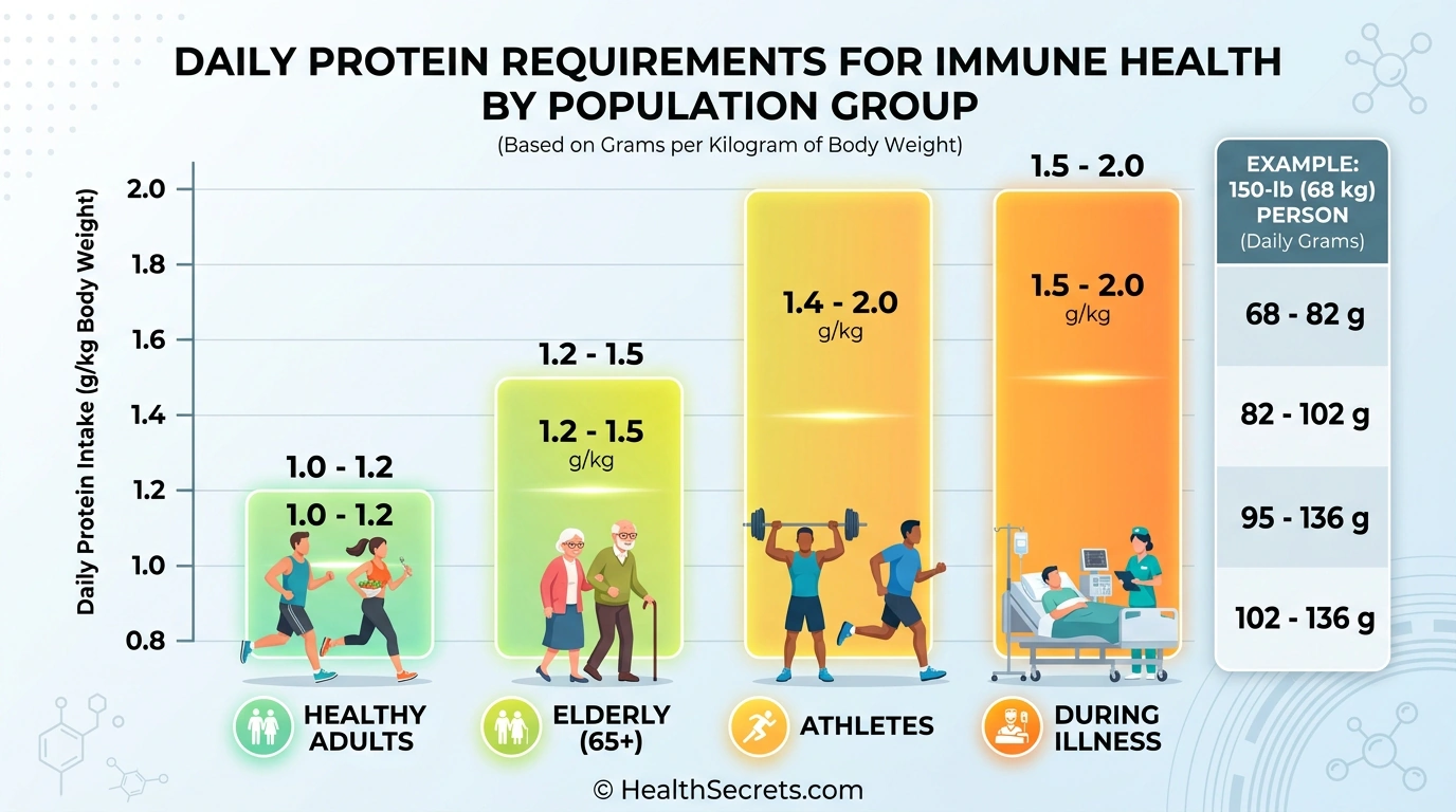 Chart showing recommended daily protein intake for immune health by age group and health status