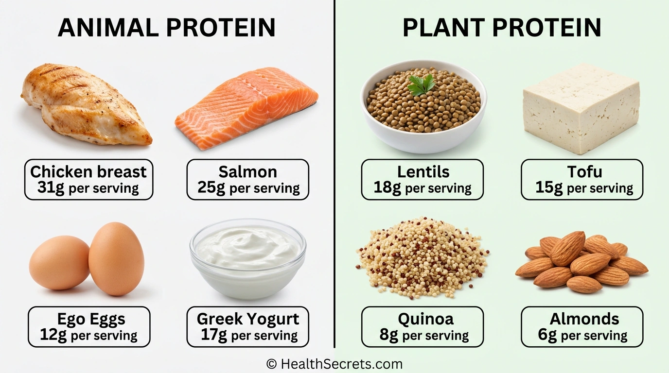 Comparison of animal and plant protein sources showing protein content per serving for immune health