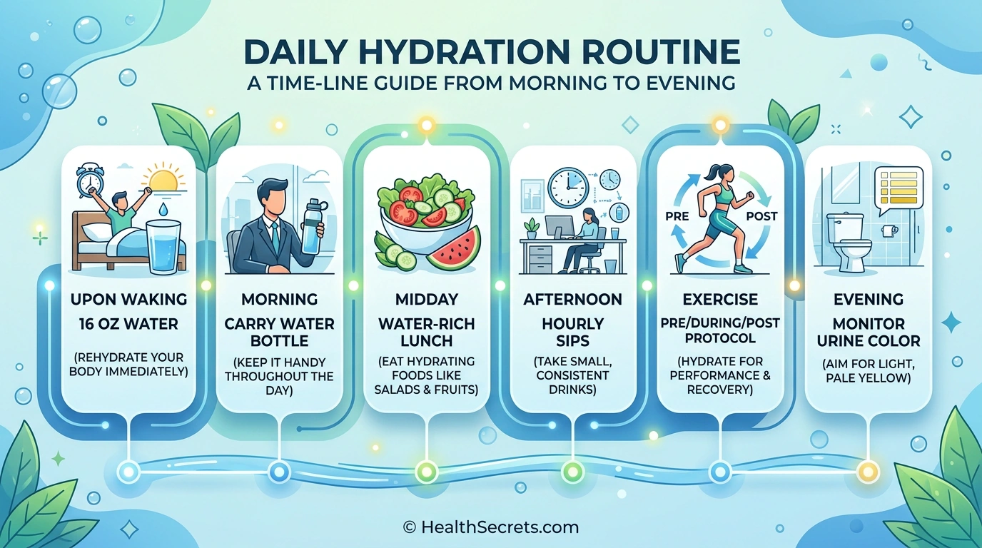 Daily hydration routine infographic showing optimal water intake schedule for immune health