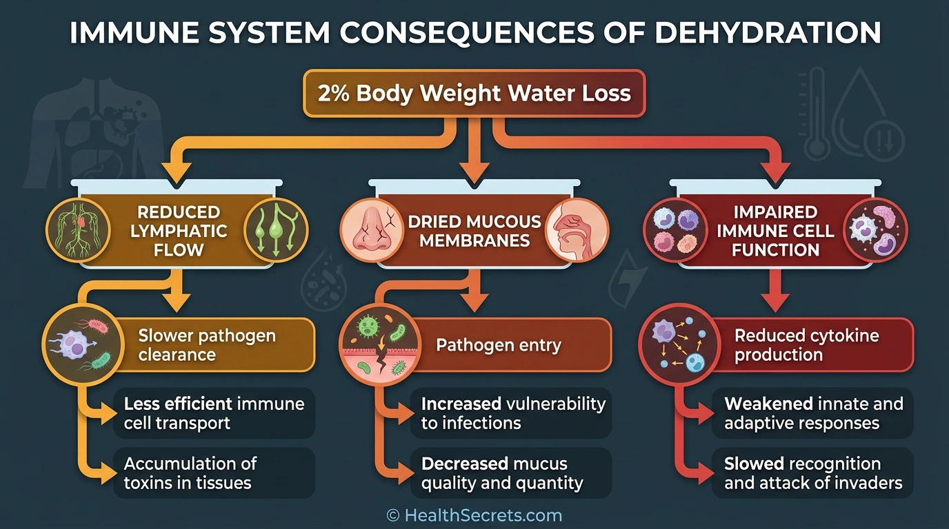 Diagram showing how even mild dehydration impairs immune function through multiple mechanisms