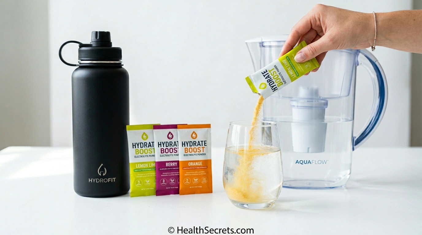 Recommended hydration products including insulated water bottle electrolyte supplements and water filter