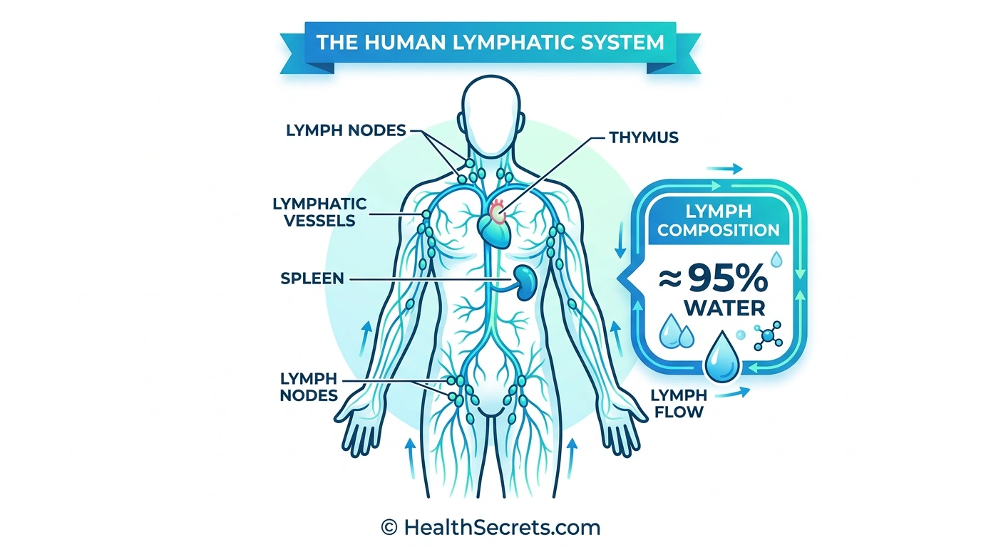 Infographic showing the lymphatic system and how hydration supports lymph flow for immune health