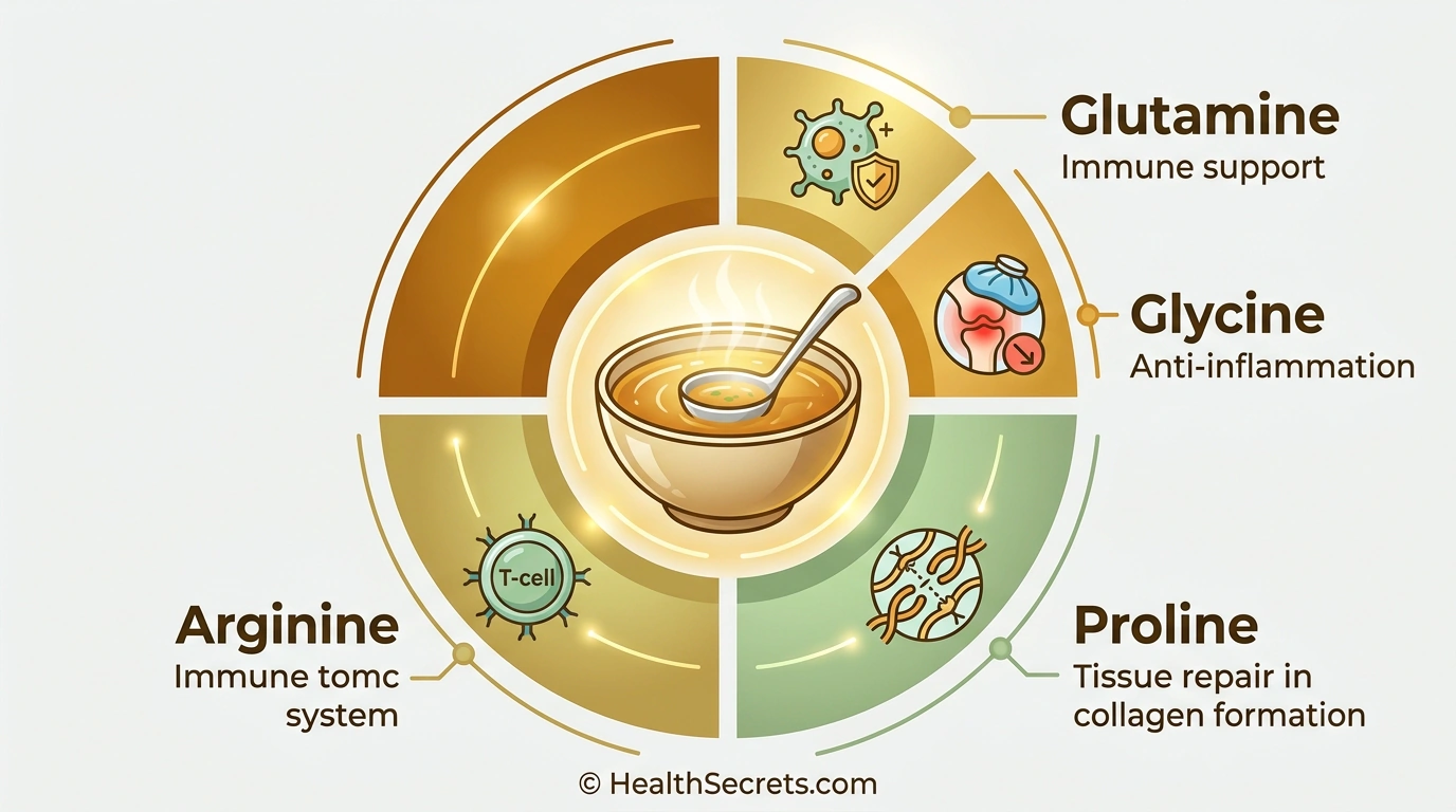 Infographic showing four key amino acids in bone broth and their immune-supporting functions