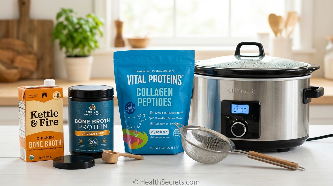 Recommended bone broth products for immune support including liquid broth, powder, collagen, and equipment
