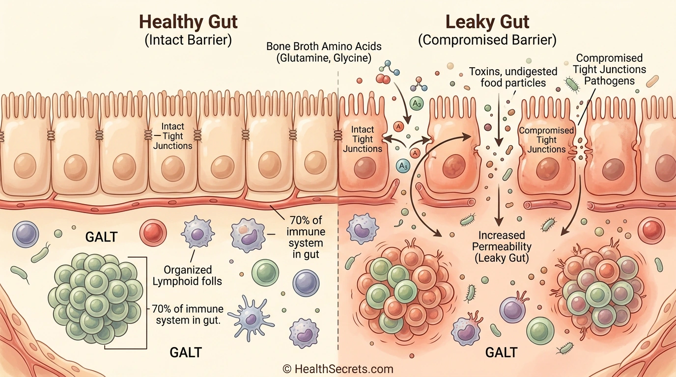 Diagram showing how bone broth amino acids repair gut lining tight junctions to support immune function