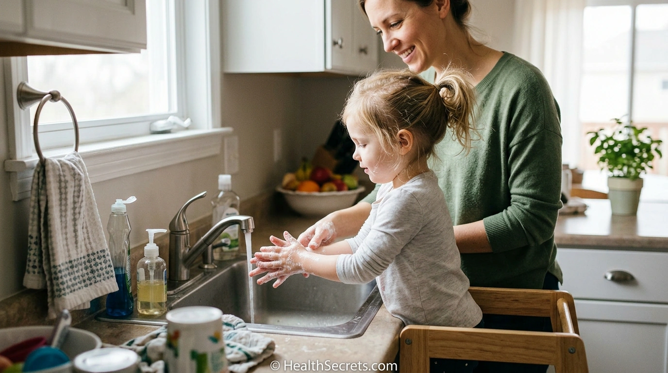 Child learning proper hand washing technique for immune health