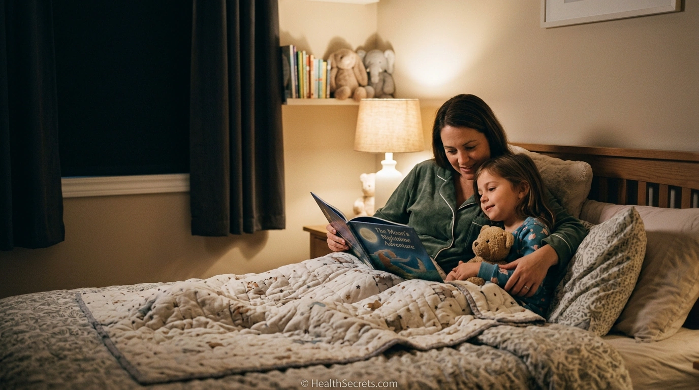 Parent reading bedtime story to child as part of immune-supporting sleep routine