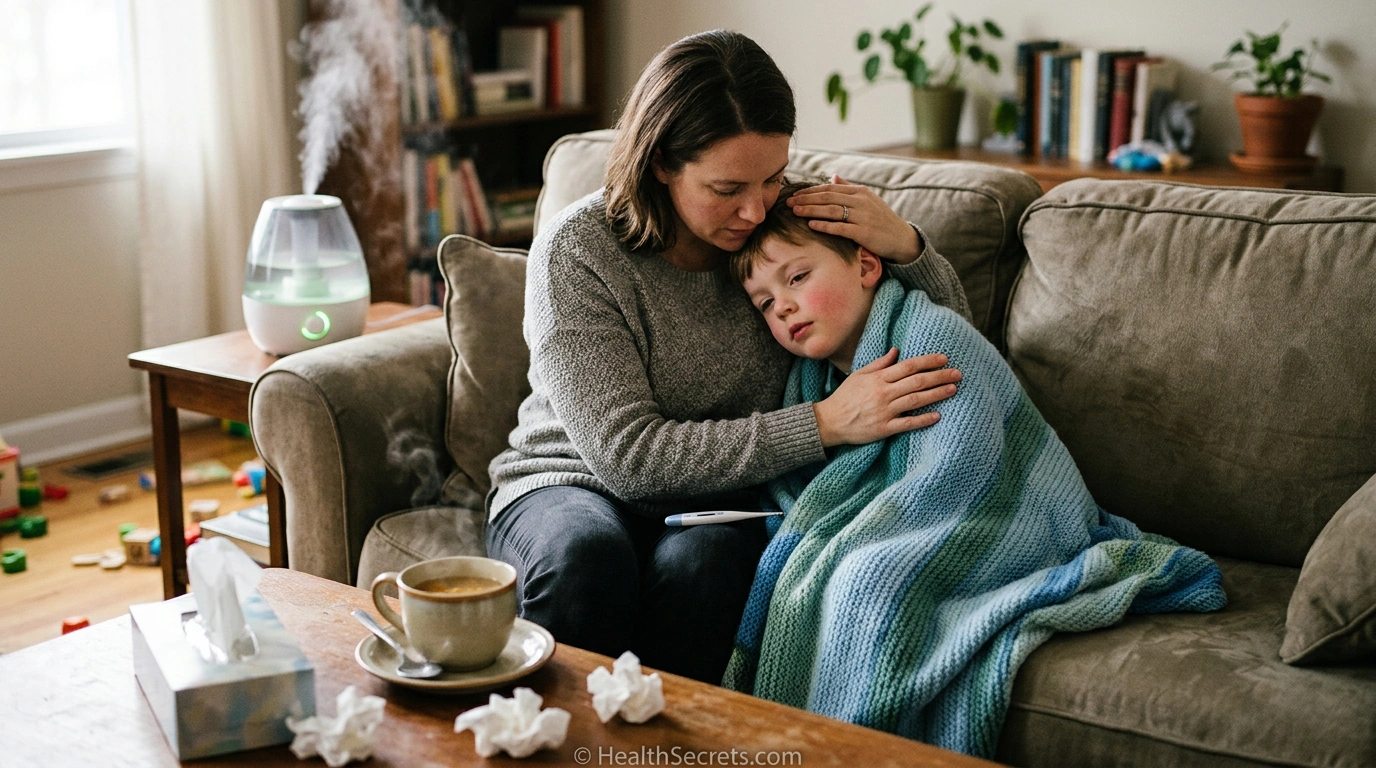 Parent caring for sick child with natural remedies including warm soup and humidifier