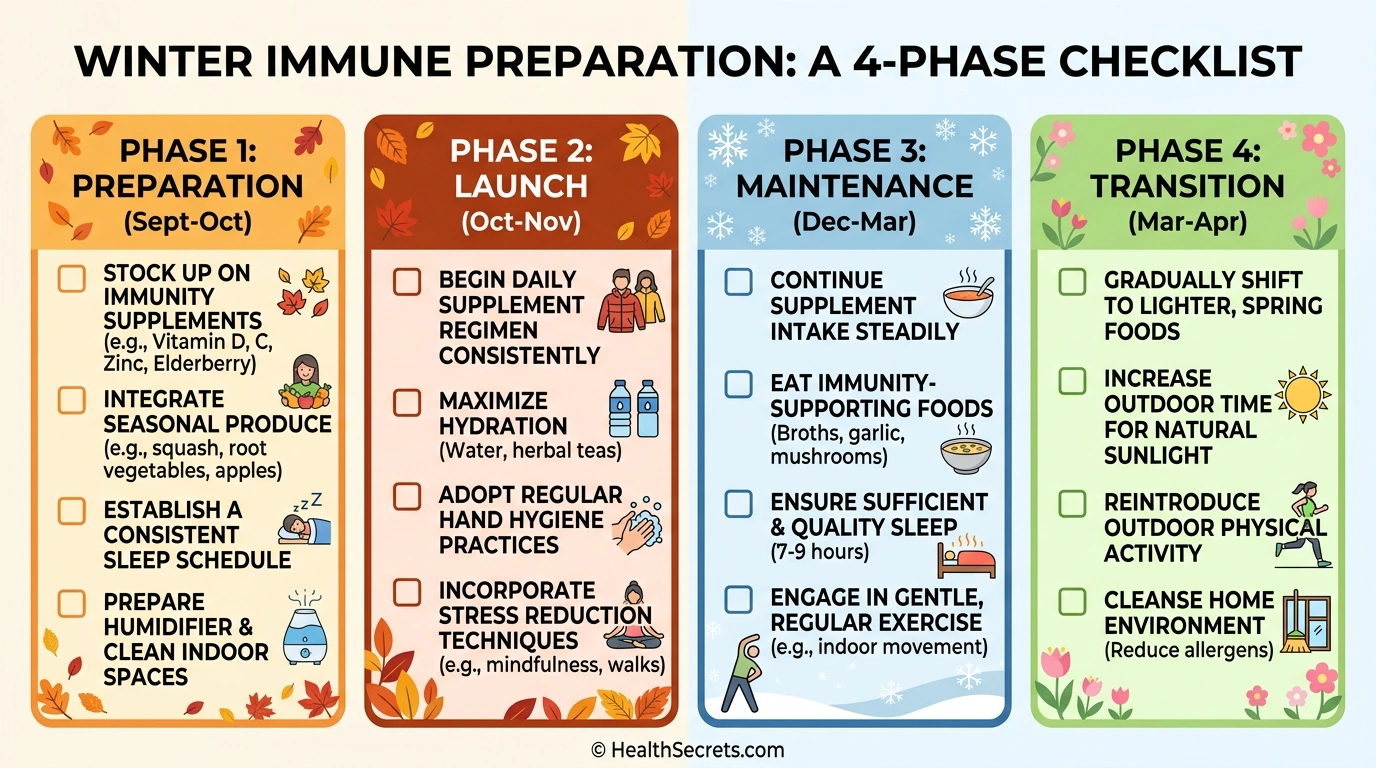 Four-phase winter immune action plan checklist covering preparation, launch, maintenance, and transition phases from September through April