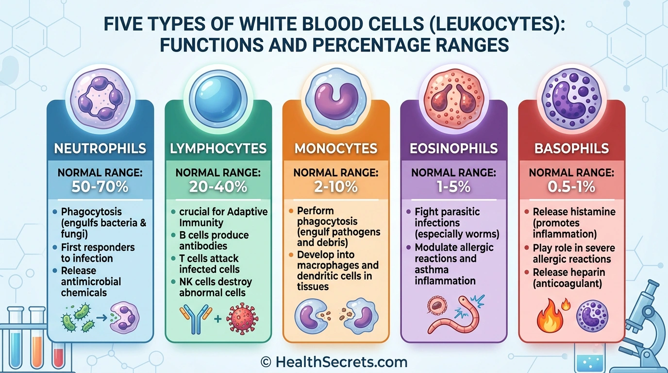 Infographic showing five white blood cell types with normal ranges from CBC differential test