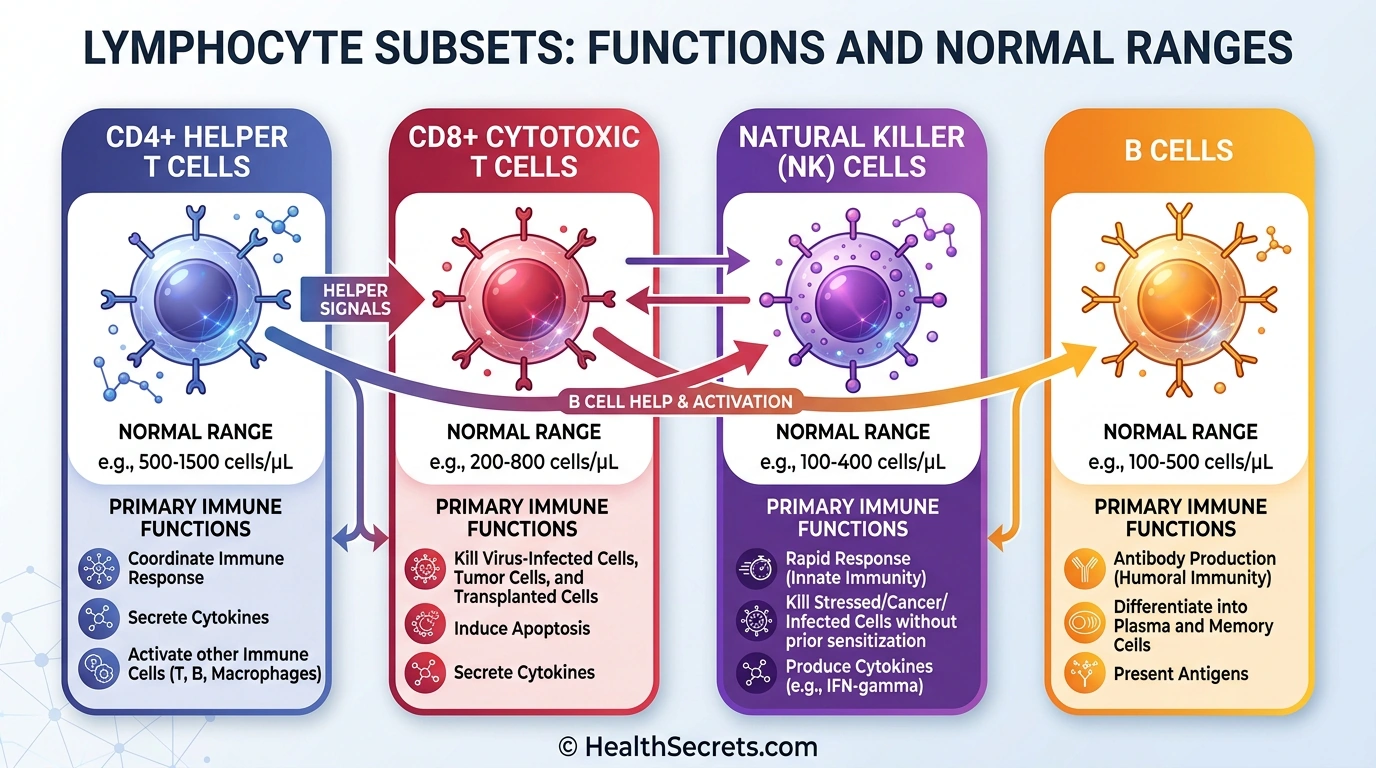 Diagram of lymphocyte subsets including CD4 T cells CD8 T cells NK cells and B cells with normal ranges