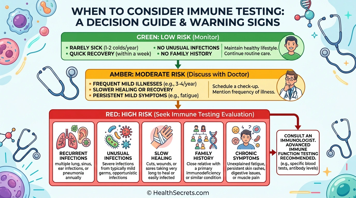 Decision guide showing warning signs that indicate immune system testing is recommended