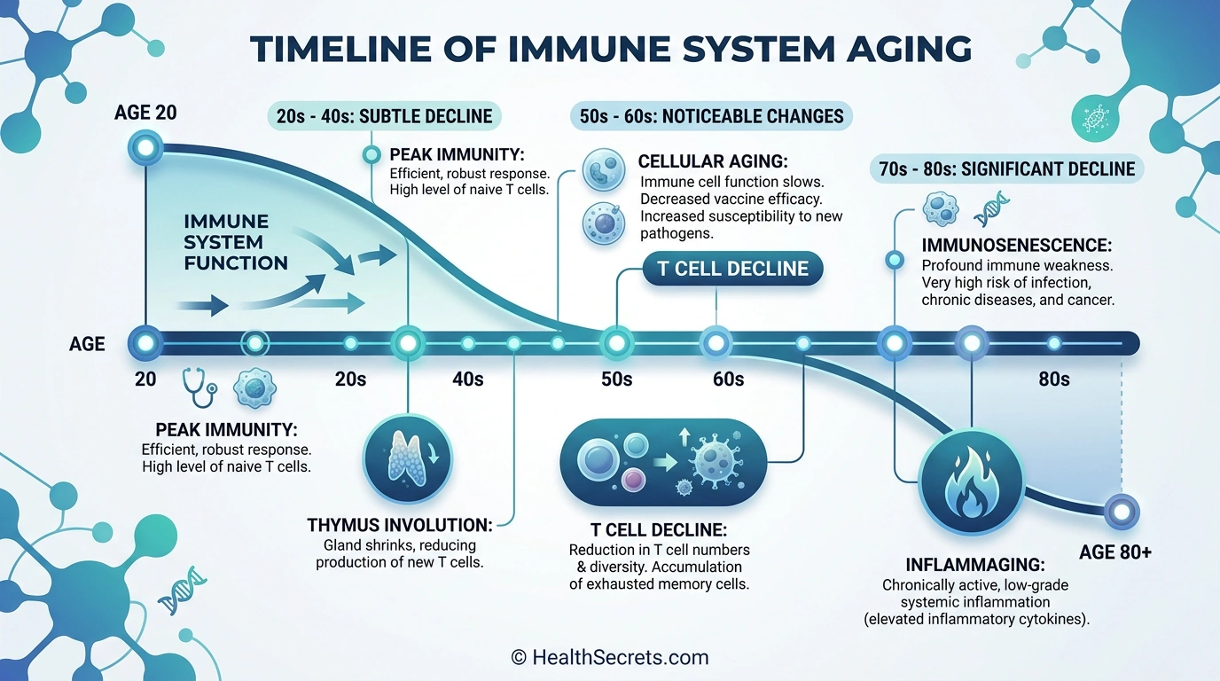 Infographic showing the timeline of immunosenescence and immune system decline from age 20 to 80 plus
