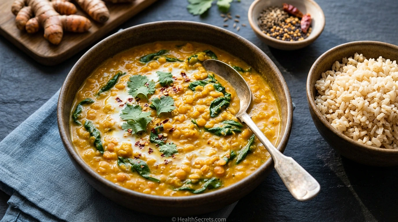Golden turmeric lentil curry with spinach served with brown rice for anti-inflammatory immune support