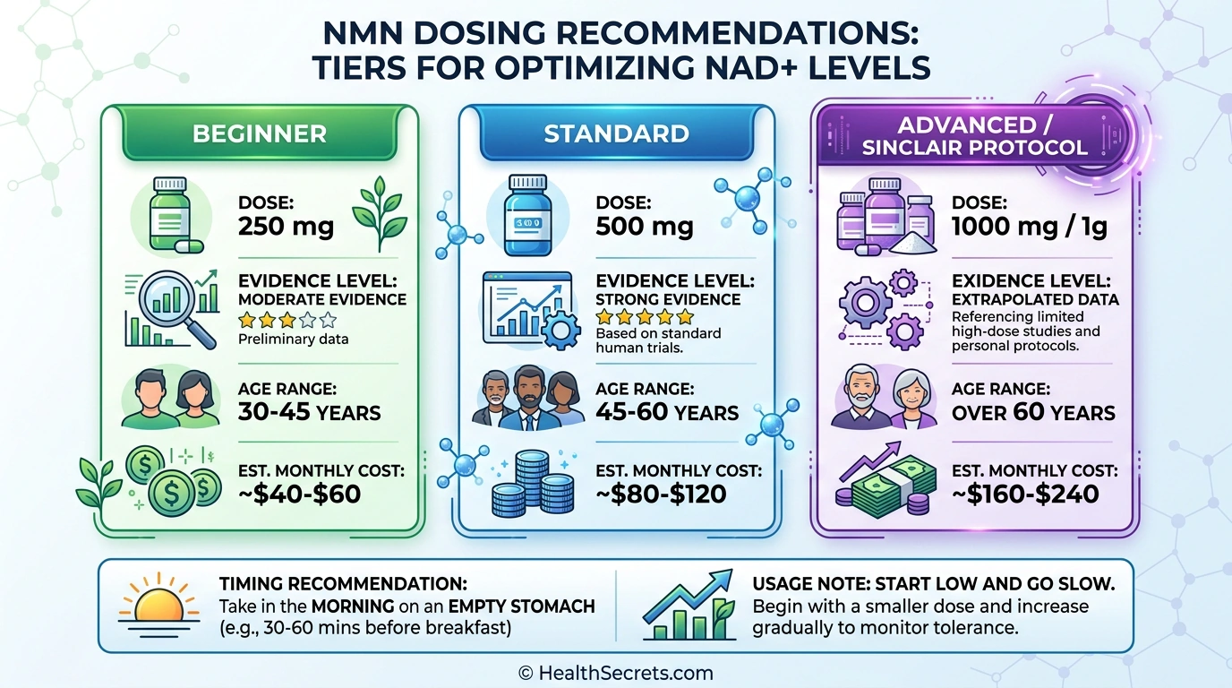 NMN dosing guide showing beginner 250mg standard 500mg and advanced 1000mg protocols with evidence levels and costs