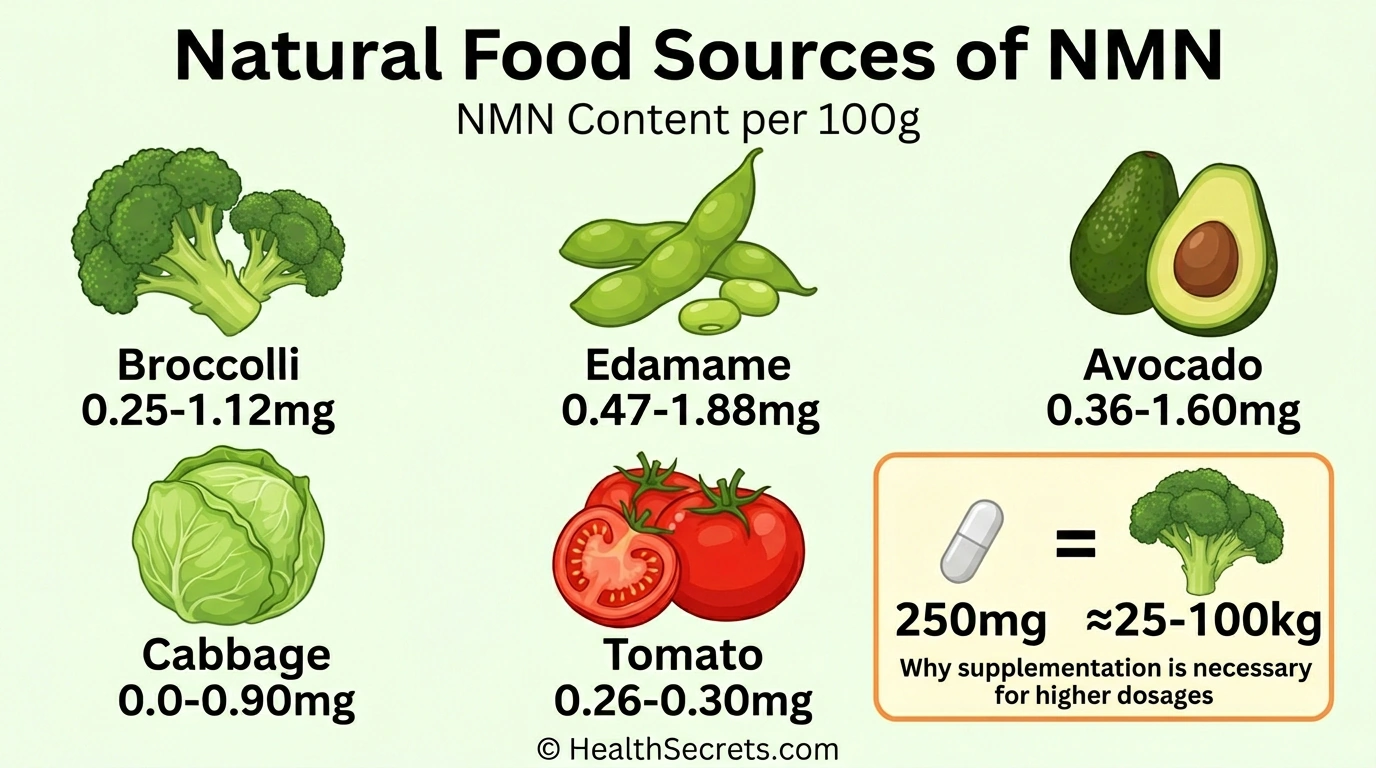 Natural food sources of NMN including broccoli edamame avocado cabbage and tomato with NMN content per 100 grams