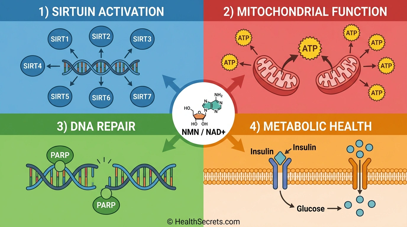 Four mechanisms of NMN action including sirtuin activation, mitochondrial function enhancement, DNA repair support, and metabolic health improvement