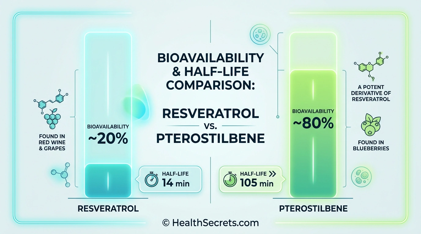 Bioavailability comparison chart showing pterostilbene 80% vs resveratrol 20%