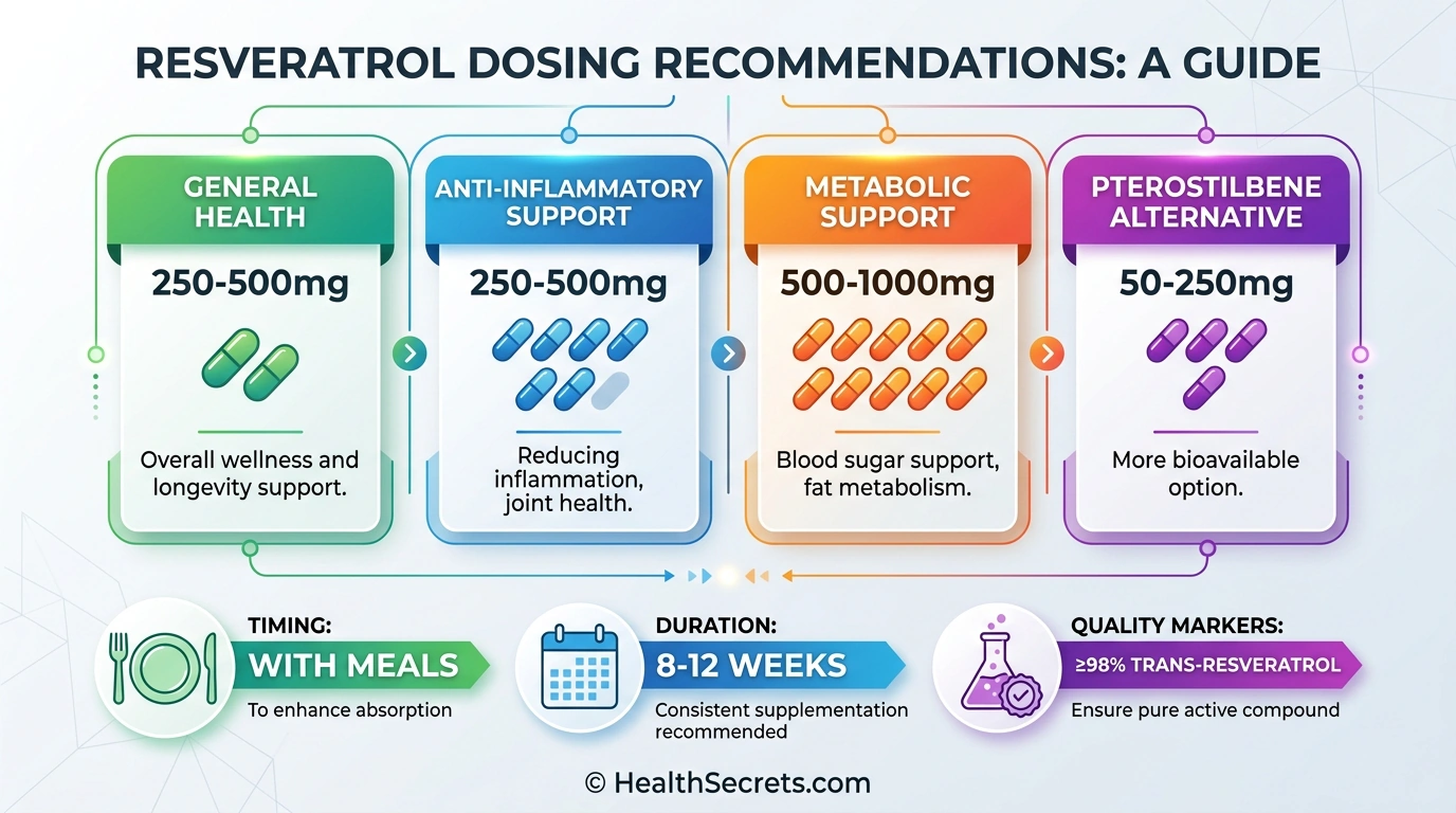 Resveratrol dosing guide infographic showing recommended doses by health goal