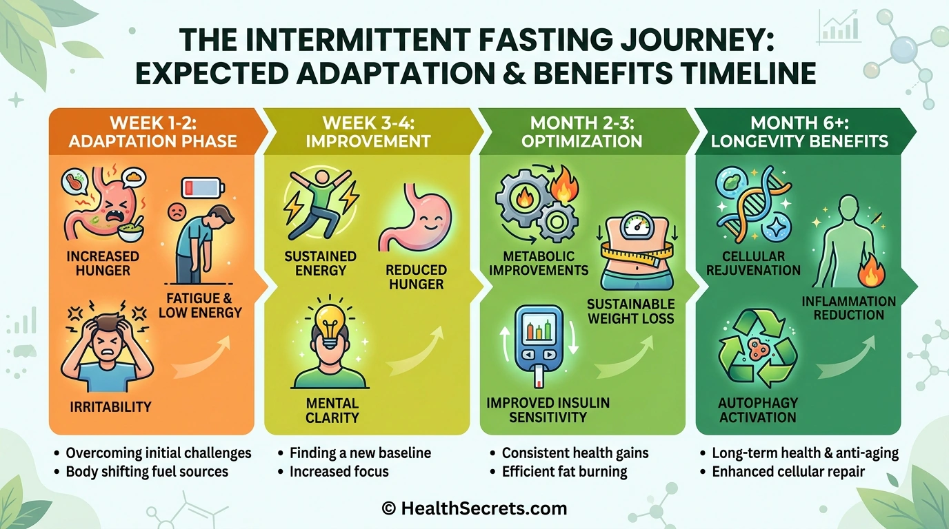 Expected timeline of intermittent fasting benefits from adaptation period through long-term longevity improvements over six months