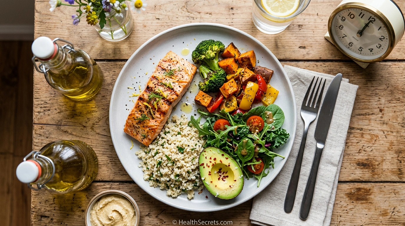 Ideal nutrient-dense meal for breaking an intermittent fast with protein healthy fats vegetables and complex carbohydrates