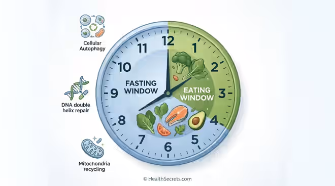 Intermittent fasting for longevity diagram showing 16:8 eating and fasting windows with autophagy and cellular repair mechanisms
