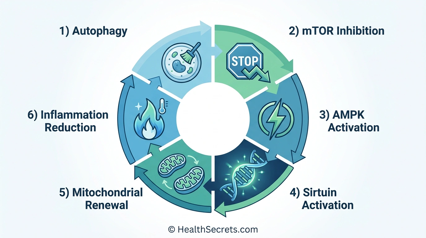 Six longevity mechanisms activated by intermittent fasting including autophagy mTOR inhibition AMPK sirtuins mitochondrial health and inflammation reduction