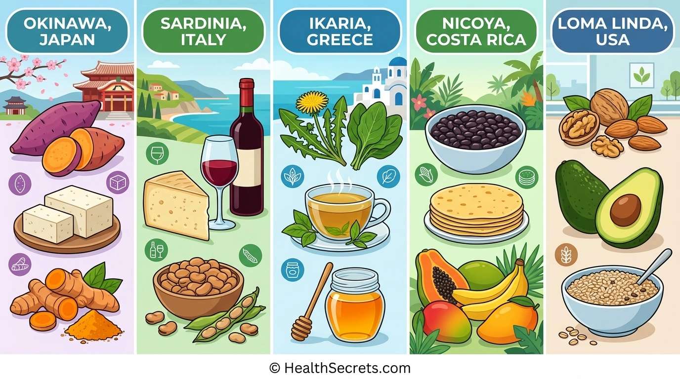 Comparison of signature foods from all five Blue Zones showing regional longevity diets