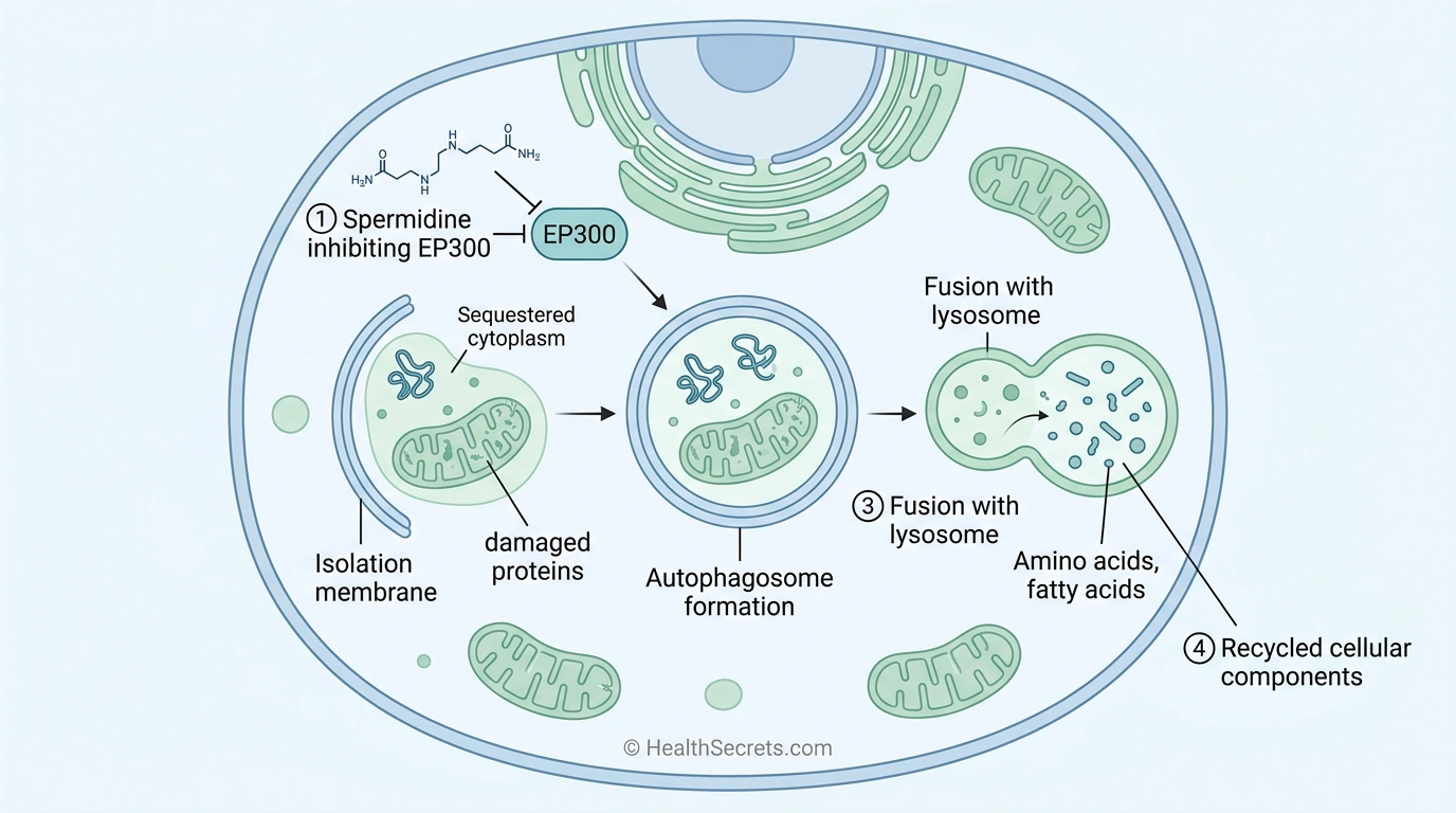 Scientific diagram showing how spermidine activates autophagy through EP300 inhibition leading to cellular cleaning and renewal