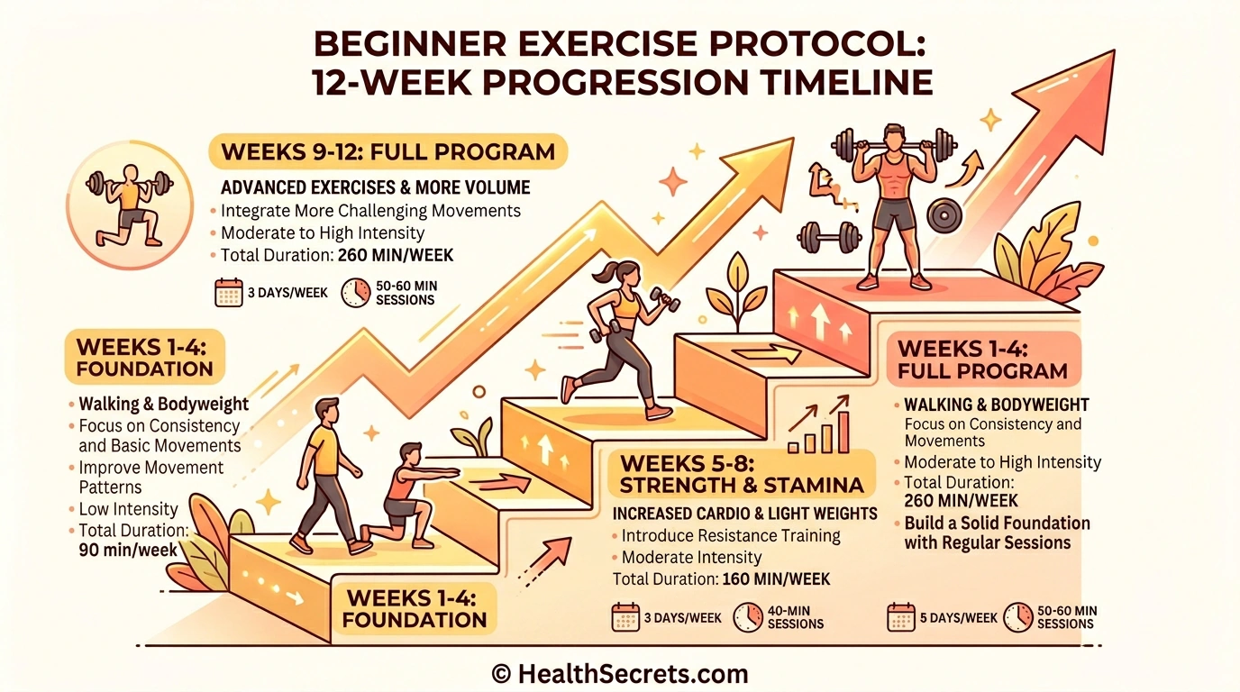 Beginner exercise progression timeline from sedentary to optimal longevity exercise levels over 12 weeks