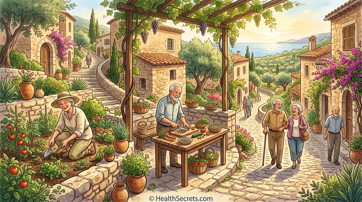 Blue Zones centenarian lifestyle movement including gardening walking and community activities in Mediterranean setting