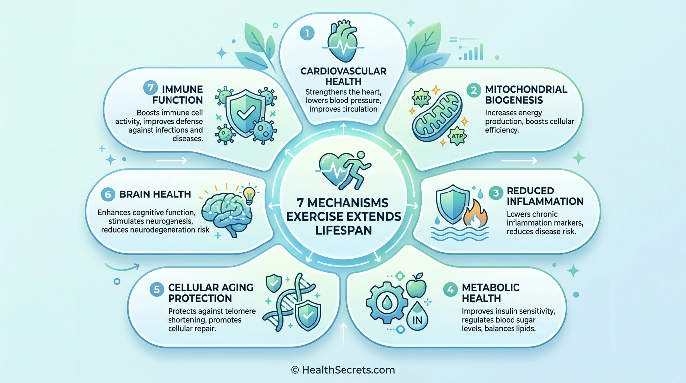 Infographic showing seven mechanisms by which exercise extends lifespan including cardiovascular mitochondrial and brain health