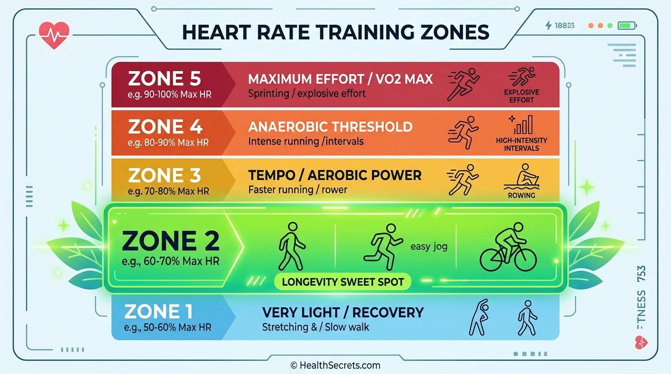 Heart rate training zones diagram highlighting Zone 2 as the longevity sweet spot for cardio exercise