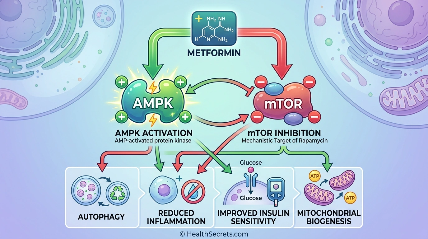 Infographic showing how metformin activates AMPK and inhibits mTOR pathways leading to anti-aging cellular effects