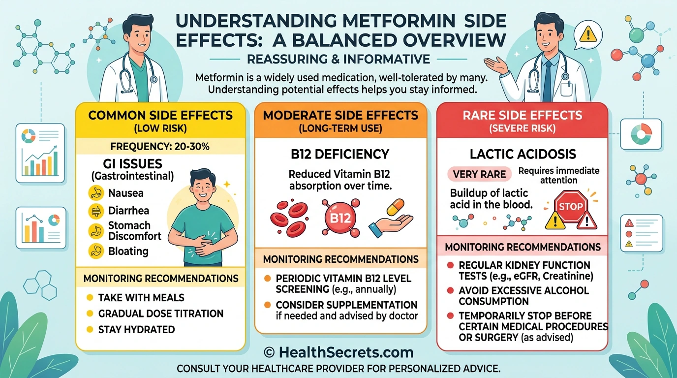 Metformin side effects infographic showing common GI issues, moderate B12 deficiency risk, and rare lactic acidosis with monitoring recommendations