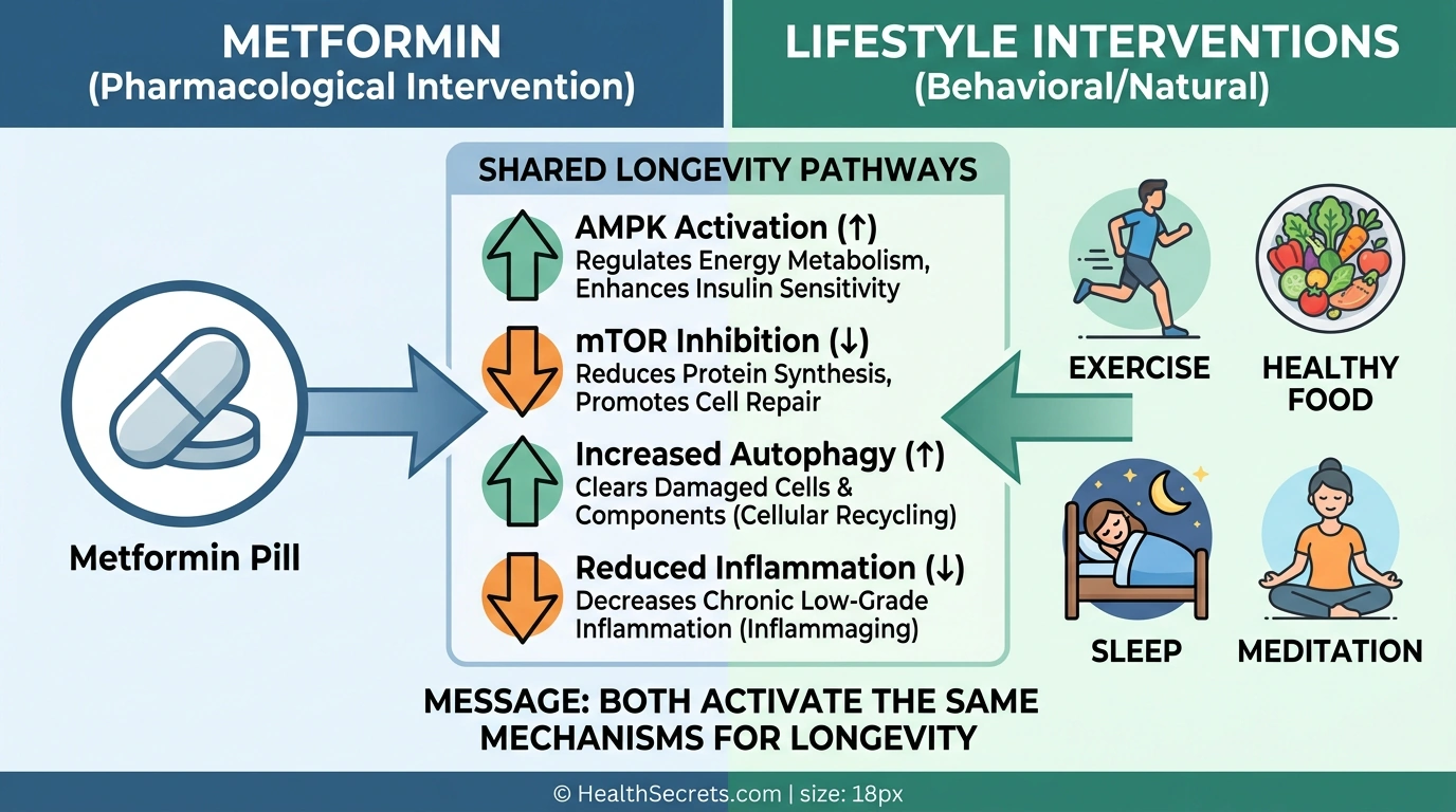 Comparison showing metformin and lifestyle interventions both activating AMPK mTOR and autophagy longevity pathways