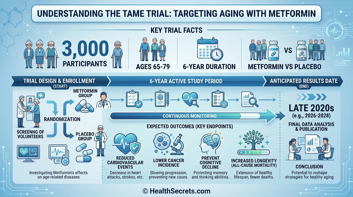 TAME trial infographic showing study design with 3000 participants aged 65-79 testing metformin for aging over 6 years