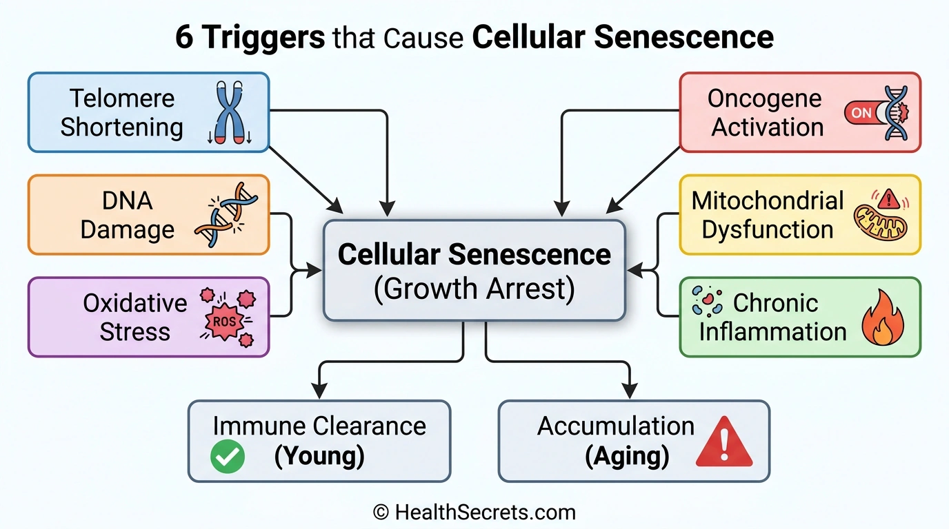 Flowchart showing six triggers of cellular senescence including telomere shortening DNA damage and oxidative stress